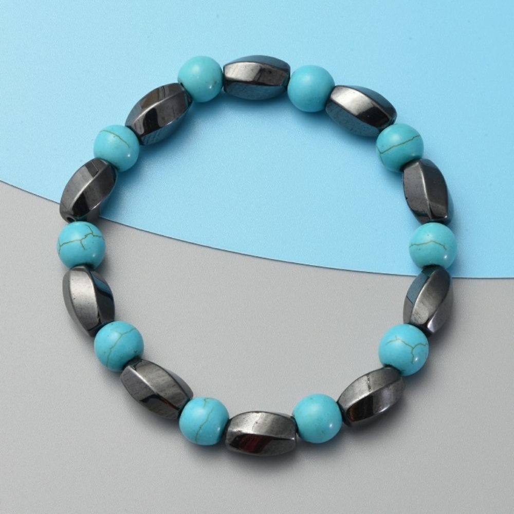 NWT Magnetic By Design Blue Howlite & Magnetized Hematite Stretch Bracelet